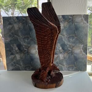 Rustic Chainsaw Carved Wooden Eagle Sculpture With Base Spread Wings 24" Tall